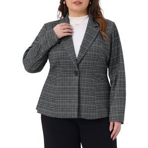 Plus Size Business Casual Plaid Long Sleeve Blazers with Pocket Gray